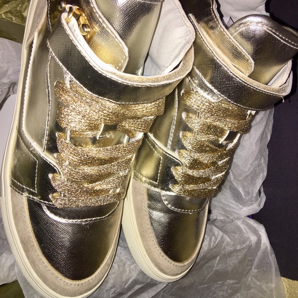 Madden Girl Shoes - Madden Girl Gold Hi Top Wedge Sneakers w/charms